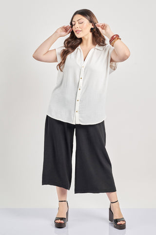 Cropped washed trousers with belt - Black
