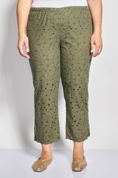Cropped βαμβακερό παντελόνι σε σχέδιο broderie - Χακί