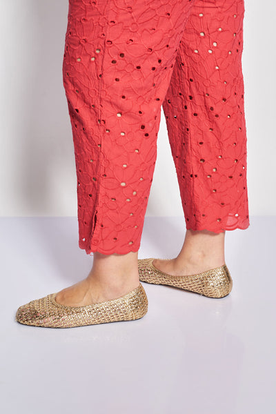 Cropped βαμβακερό παντελόνι σε σχέδιο broderie - Κόκκινο