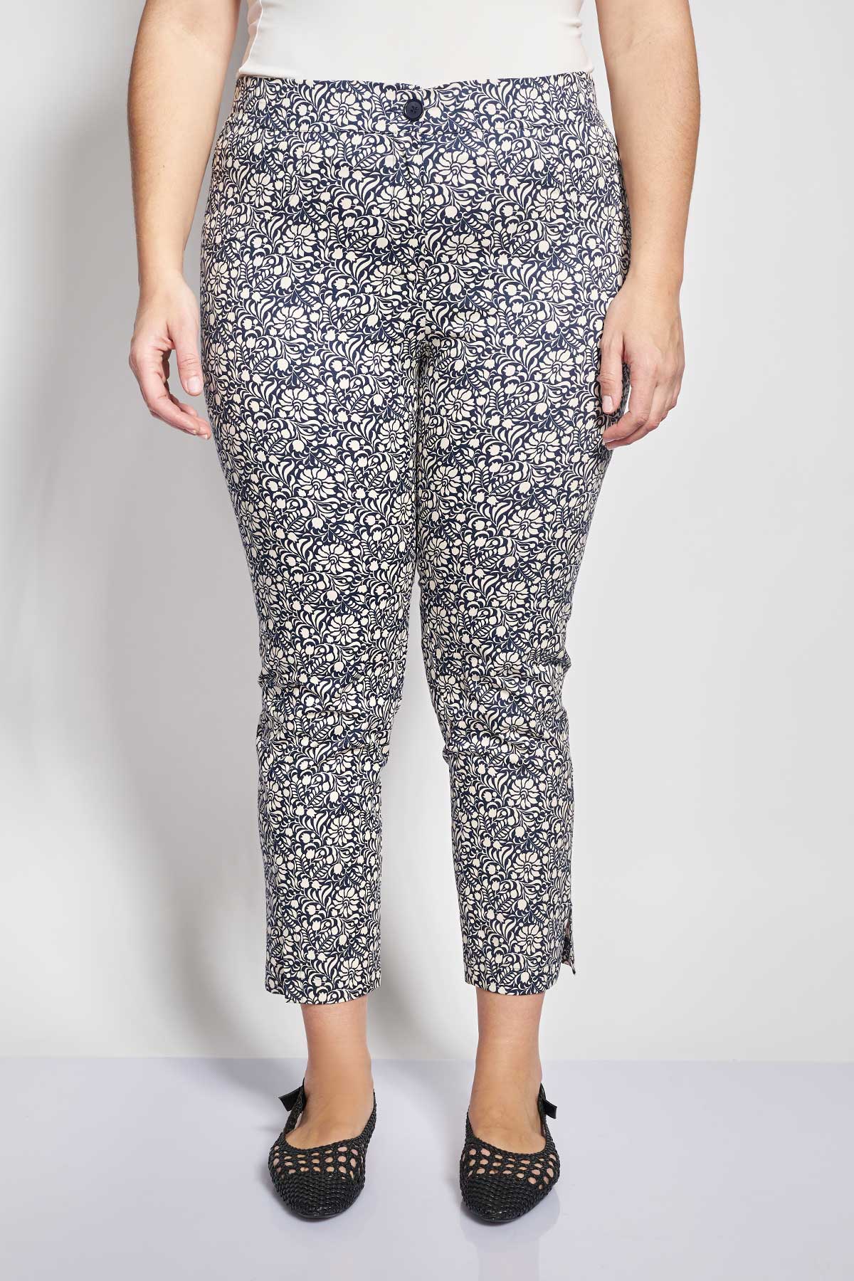 Printed Elastic 7/8 Pants with Floral Pattern - Blue