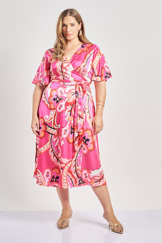 Wrap satin dress in allover paisley print - Fuchsia