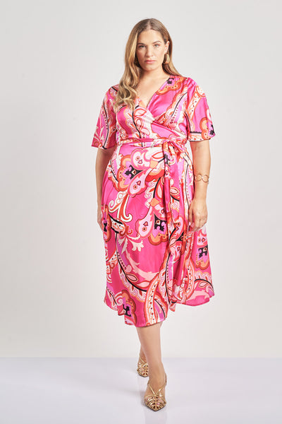 Wrap satin dress in allover paisley print - Fuchsia