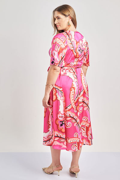Wrap satin dress in allover paisley print - Fuchsia