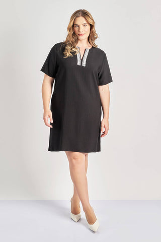 Dress with crochet detail linen look - Black