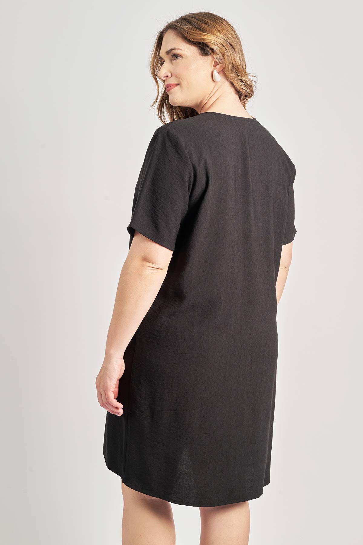 Dress with crochet detail linen look - Black