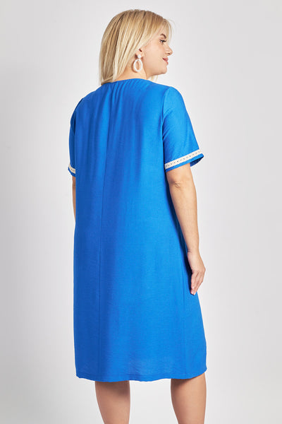 Linen-look midi dress with lace trim - Royal Blue