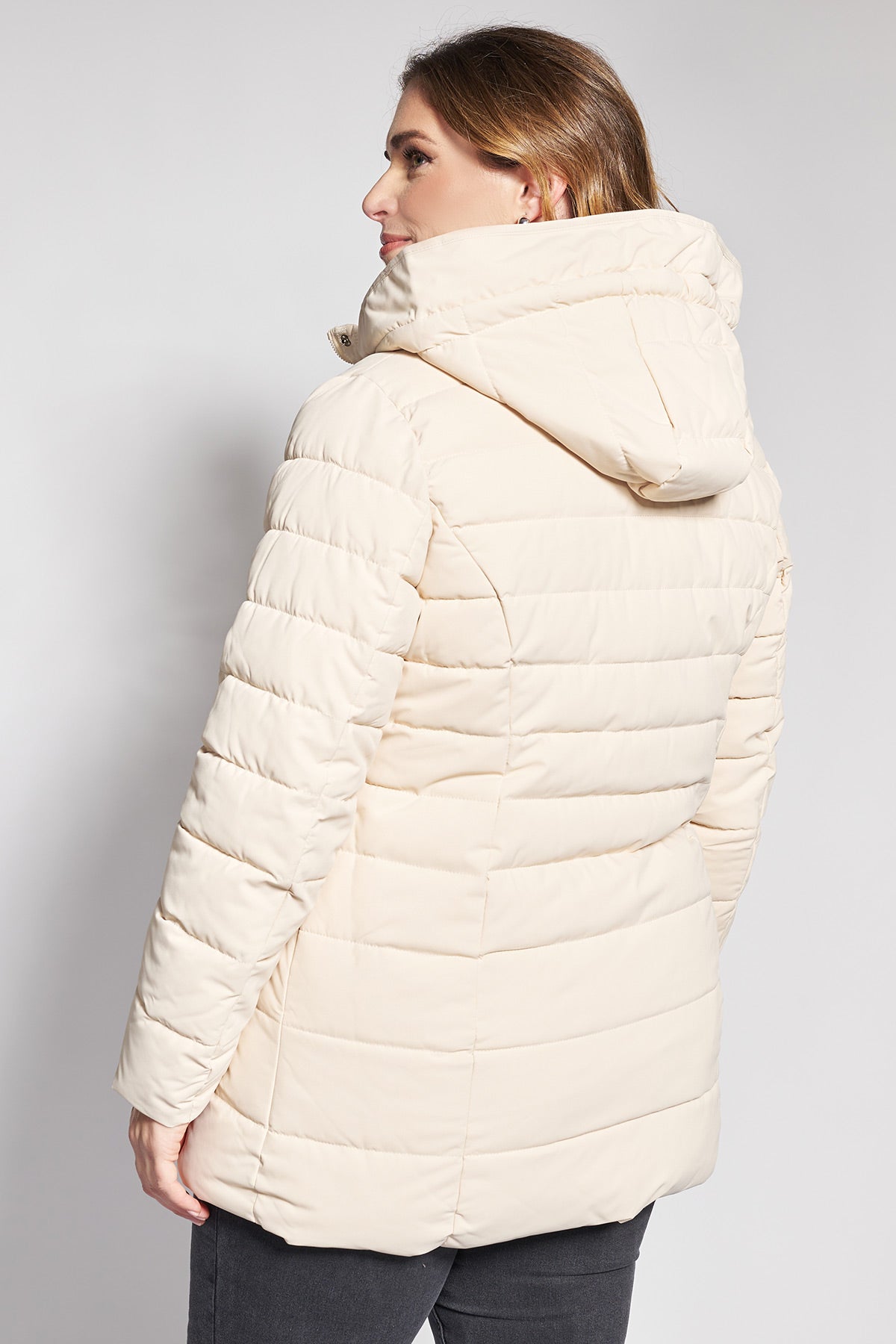 Quilted hooded puffer jacket with fur lining - Beige