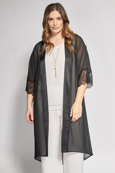 Long sheer kimono with lace details - Black