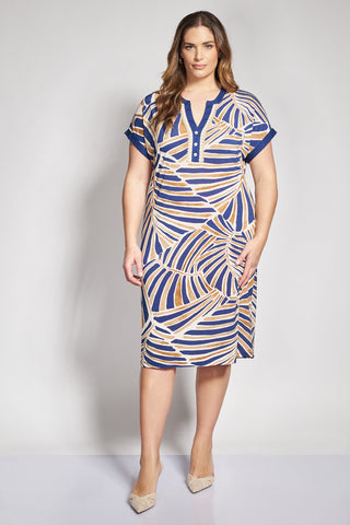 Midi dress with geometric floral pattern and details - Blue