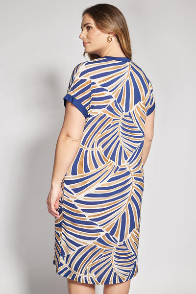 Midi dress with geometric floral pattern and details - Blue