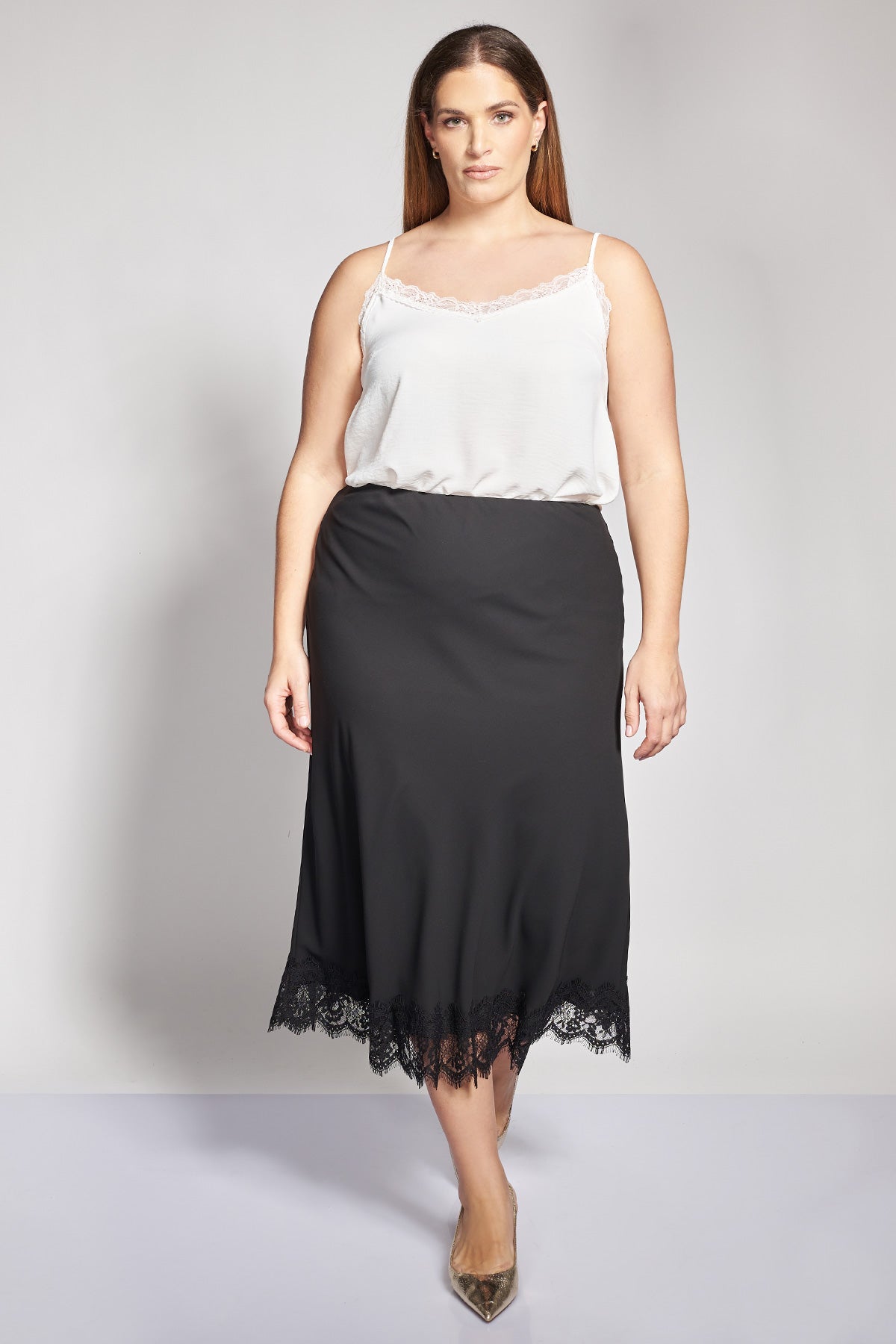 Midi Skirt with Lace - Black