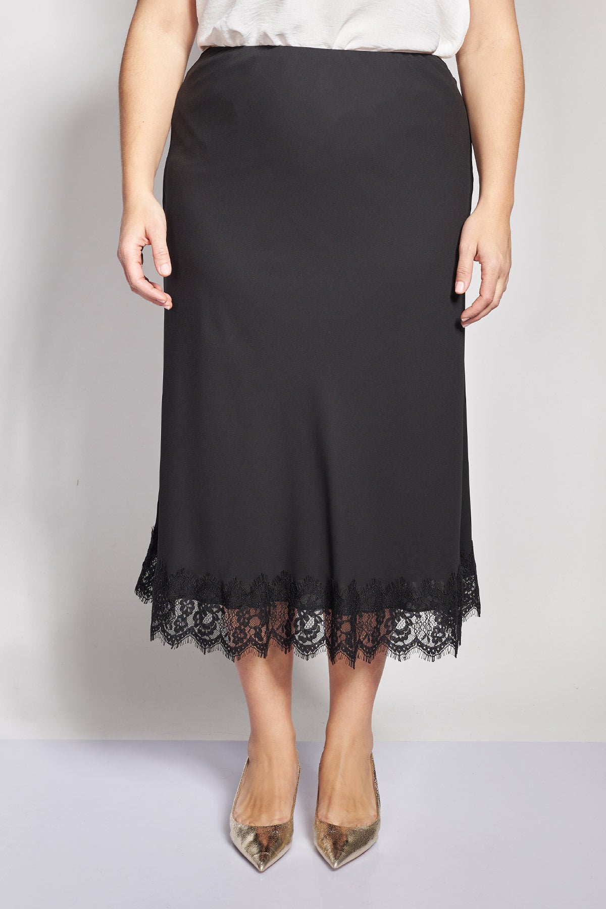 Midi Skirt with Lace - Black