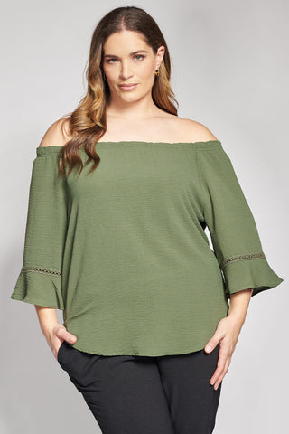 Off-the-shoulder top with lace details - Khaki