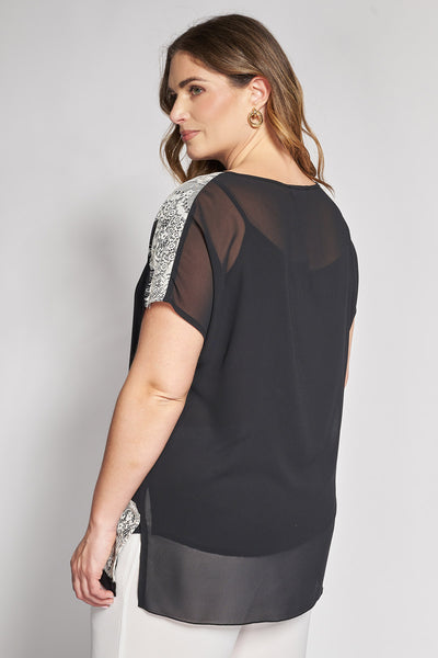 Blouse with lace details and sheer panel - Black