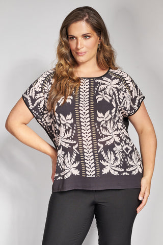 Digital Tropical Print Blouse with Solid Color Back - Black