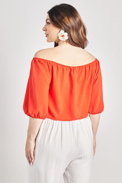 Μπλούζα off-shoulder washed ανάγλυφο - Κόκκινο