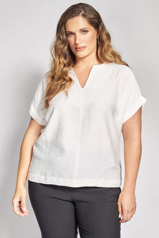 Linen-Look Top with V-Split Neckline - Ecru