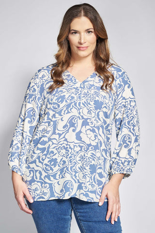Boho printed viscose blouse with front pleat - Indigo