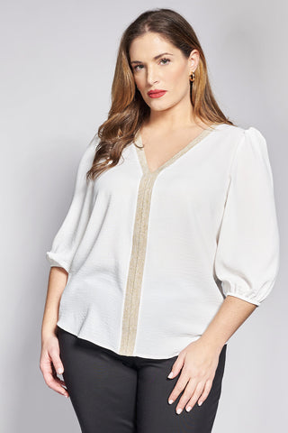 Blouse with decorative braided trim textured washed - Ecru