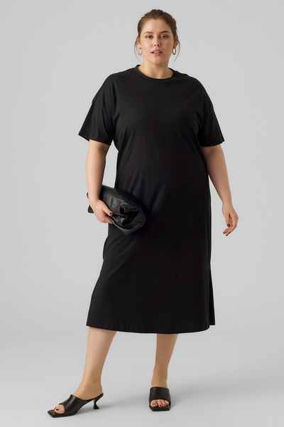 Oversized Μακρύ Φόρεμα T-Shirt με Πλαϊνά Σκισίματα VERO MODA - Μαύρο