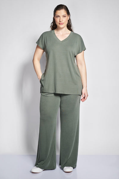 Ribbed Wide-Leg Cord Trousers - Khaki