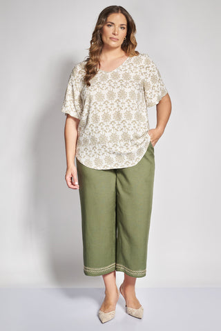 Linen  blend Wide-Leg Trousers with Embroidered Details - Khaki