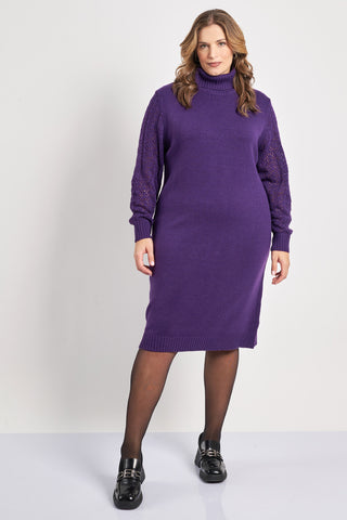 Turtleneck knit dress with openwork sleeves - Purple
