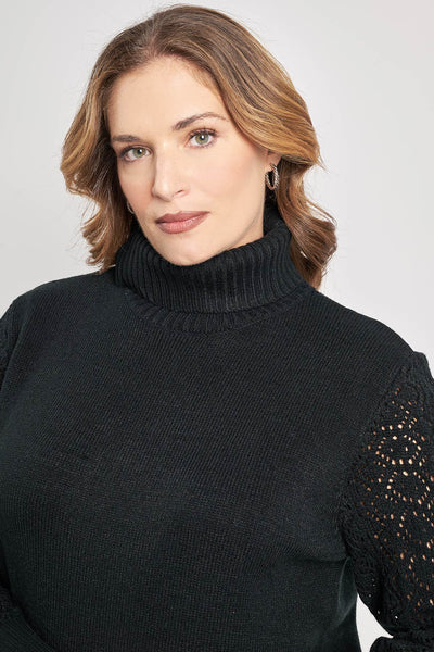 Πλεκτό φόρεμα ζιβάγκο με πλεκτή δαντέλα στα μανίκια - Μαύρο
