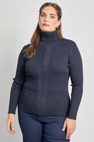 Knitted turtleneck blouse with lurex and rib - Blue
