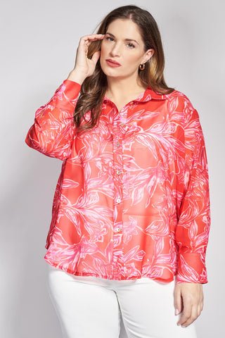 Floral printed semi-sheer chiffon shirt - Red