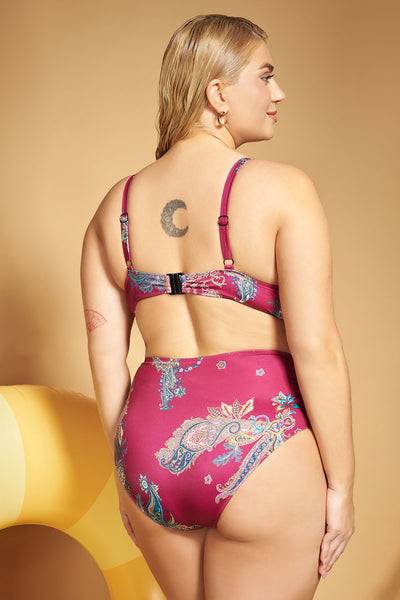 High-Waisted Boho Floral Bikini Bottom - Bordeaux