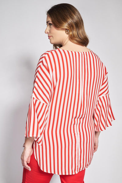Striped poplin blouse with ruffles on the sleeves - Red