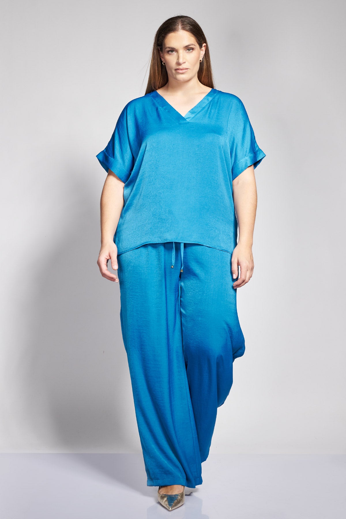 Satin V-Neck Top with Short Sleeves - Petrol Blue
