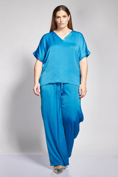 Satin V-Neck Top with Short Sleeves - Petrol Blue