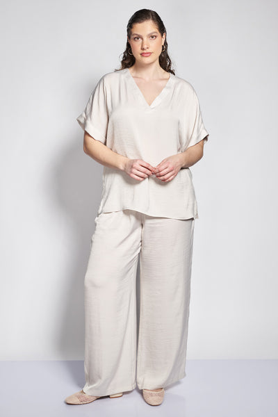Satin V-Neck Top with Short Sleeves - Ecru