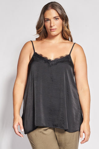 Satin Lingerie Cami Top with Lace Trim - Black