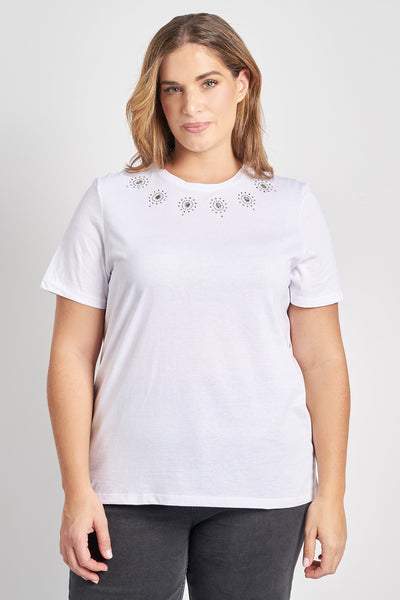 T-shirt βαμβακερό με στρας - Άσπρο