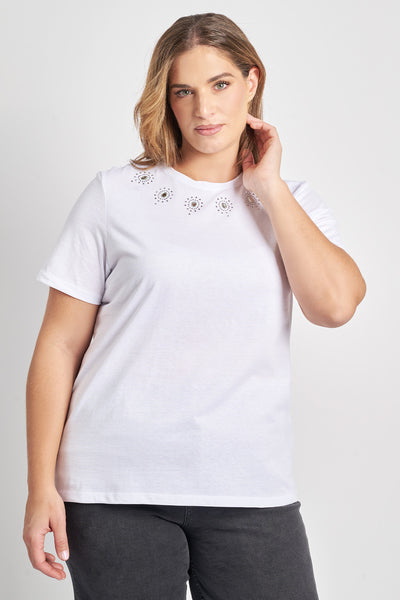 T-shirt βαμβακερό με στρας - Άσπρο
