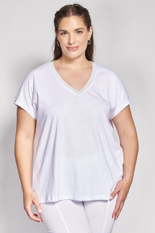 Cotton top with lurex V-neck - White