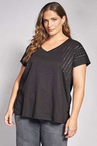 Cotton T-Shirt with shiny rhinestone stripes on the shoulders - Black