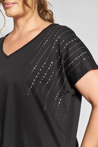Βαμβακερό T-Shirt με λαμπερές γραμμές από στρας στους ώμους - Μαύρο