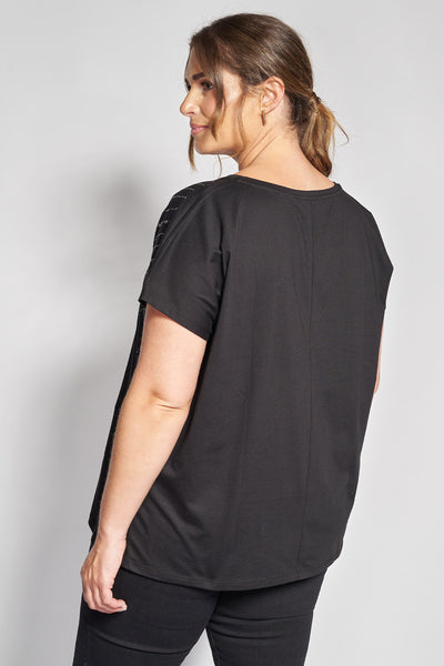 Βαμβακερό T-Shirt με λαμπερές γραμμές από στρας στους ώμους - Μαύρο