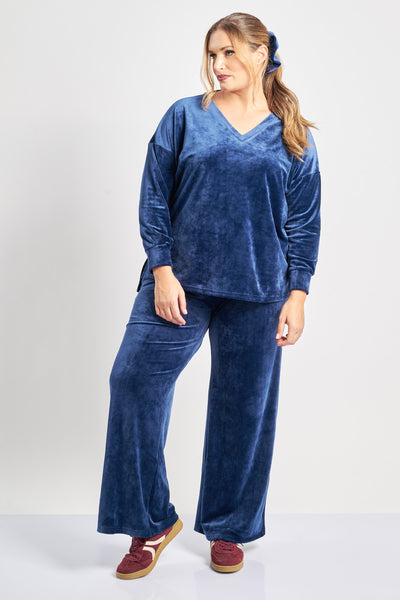 Velour Wide Leg Pants - Blue