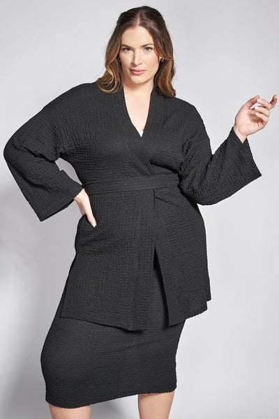 Ζακέτα κιμονό ζέρσεϊ γκοφρέ με ζώνη - Μαύρο